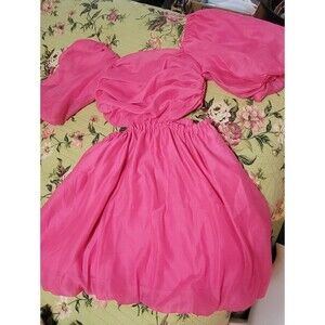 Romantic Puff-Sleeve Mini Party Dress Cutout Waist Rosey Pink Bubble Skirt Small